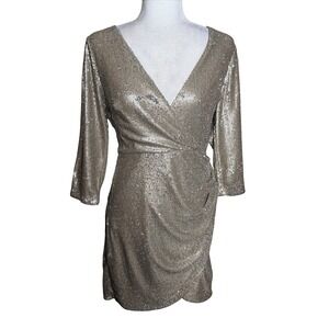 Lulus Gold Sequin Faux Wrap Dress V-Neck 3/4 Sleeve Medium Wedding Guest Party